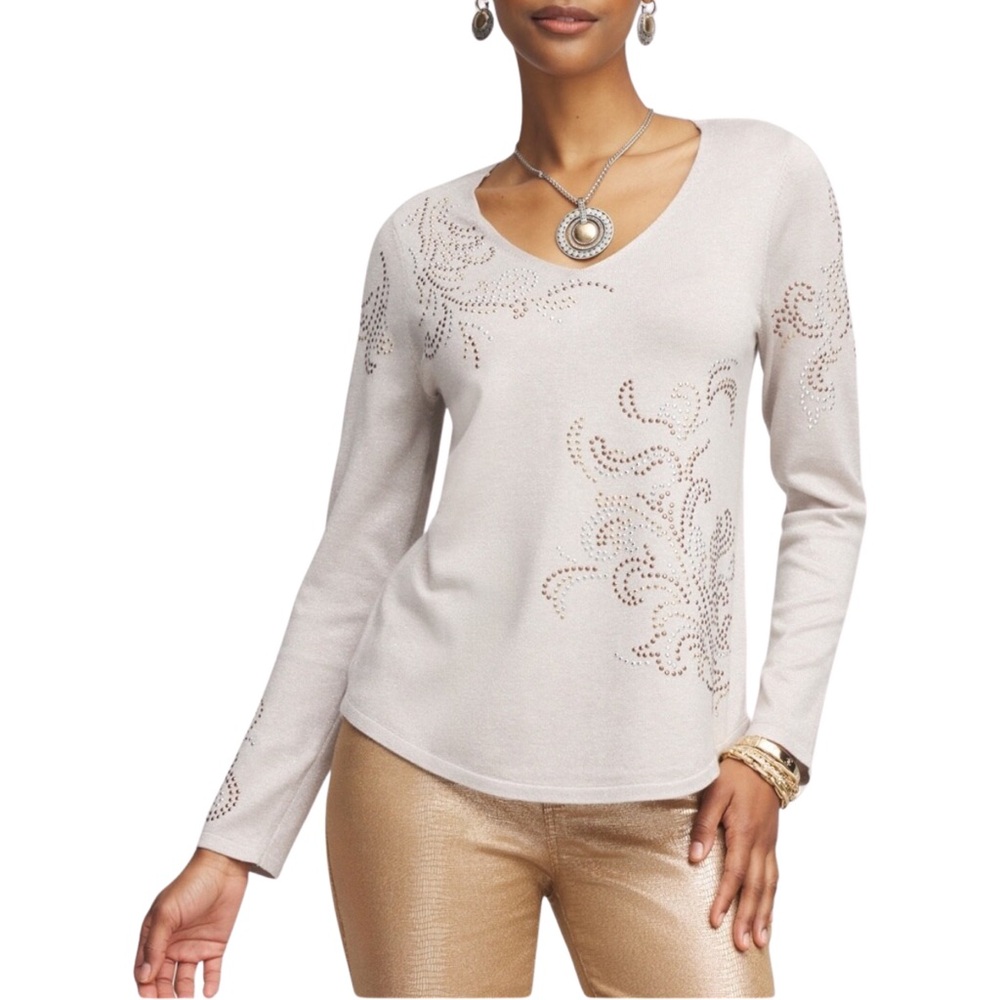 NWT Chico's V-Neck Pullover Embellished Sweater - Small - Helium Tan